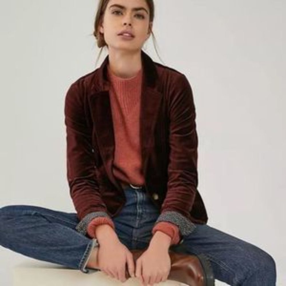 NWT Anthropologie Maeve Alistar Velvet Blazer in Burgundy Wine Size 4.